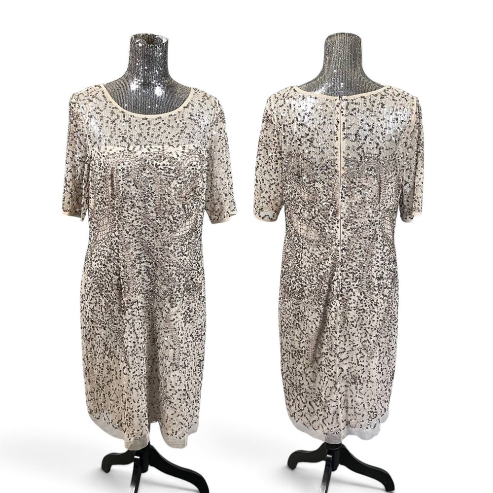 Adrianna Papell Champagne Beaded Mesh Midi Cocktail Dress Sequin Size 16